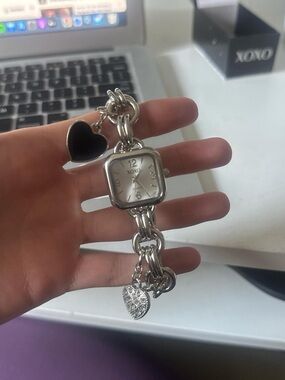 XOXO Silver Tone Heart Charm Bracelet Watch with Black Enamel Charm